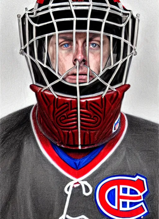 Image similar to portrait of supreme goaltender patrick roy, habs royalty, extravagant, lord, full body equipment, military goalie uniform, 4 stanley cups, fantasy, intricate, elegant, beautiful, highly detailed, charcoal, centered, dark, smokey, digital painting, artstation, concept art, art by artgerm and greg rutkowski and alphonse mucha