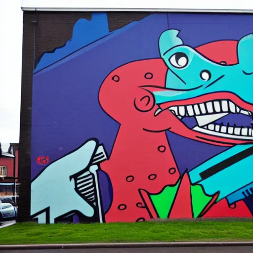 Prompt: belfast mural of barney the dinosaur holding an ak - 4 7