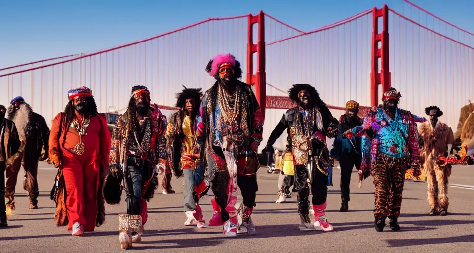 Prompt: first image afrofuturistic heist movie starring george clinton and parliament funkadelic, sundance official selection. shot on the golden gate bridge with alexa mini, stunning cinematography, golden hour, filmgrain.