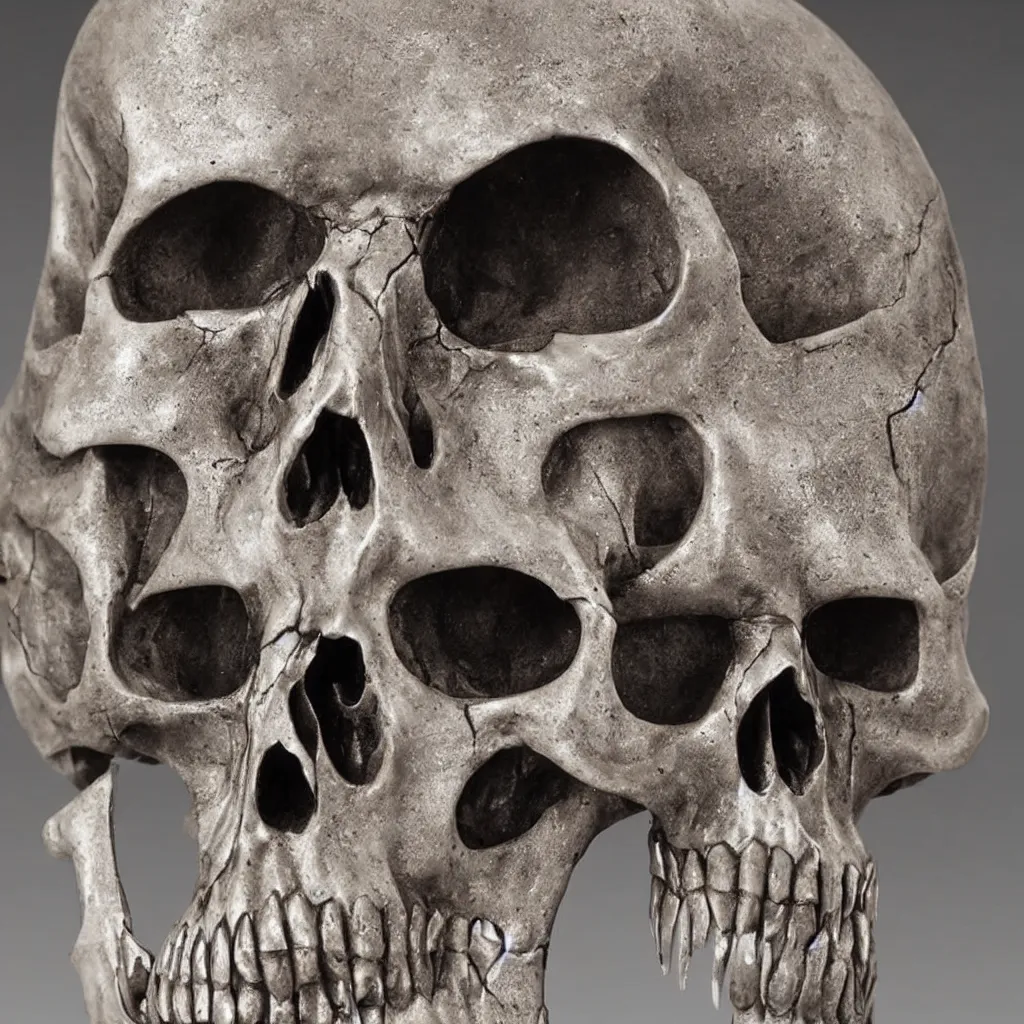 Prompt: a realistic metal sculpture of one skull, super detailed