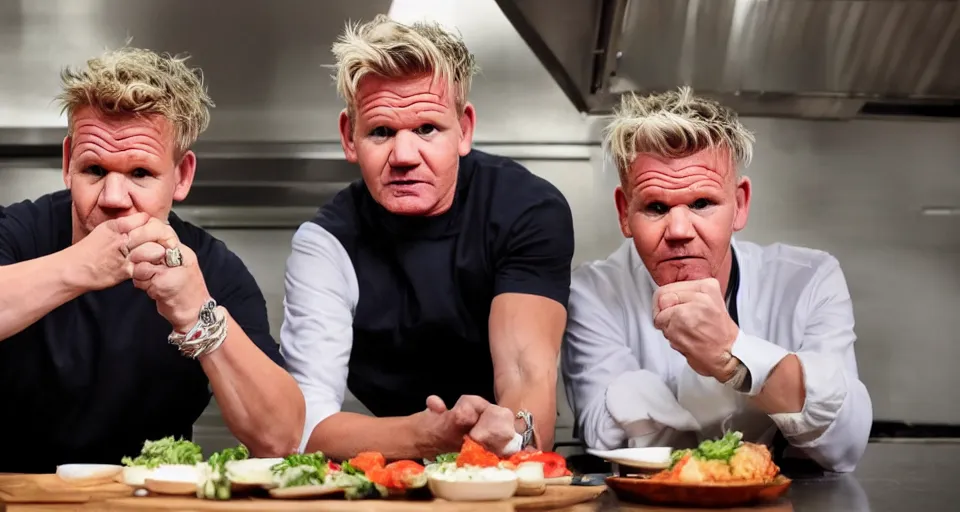 Image similar to gordon ramsay and gordon ramsay showing the camera a dish that each of them prepared