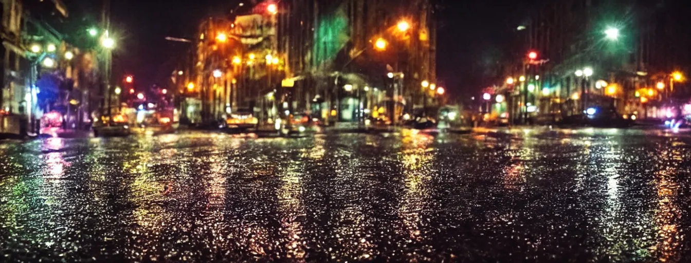 Image similar to beautiful photo, aspic on road, night, rain, modern street, lights, close up the fat frog on wet road