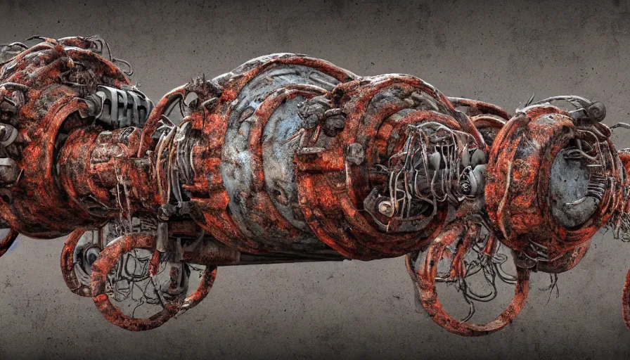 Image similar to Techno-biological rusty modern double cannon tank consisting of tumors, meat, veins, bones, guts, kidneys, wires. Biopunk, body-horror, high detail, photorealism, full length view, very rust, concept art, octane render, 16k, 8k