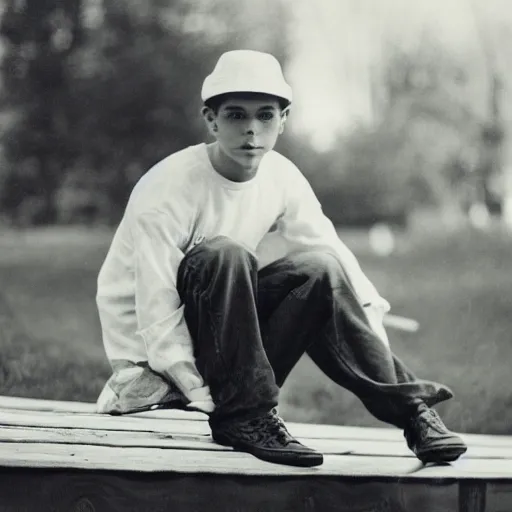 Image similar to upward photograph of a young man with a backward hat sitting on outdoor wooden bleachers next to a radio
