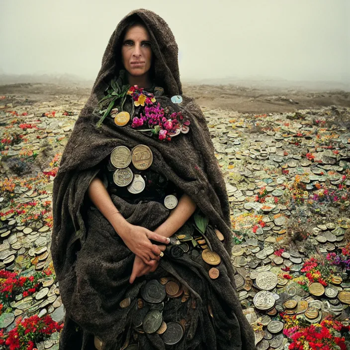 Prompt: portrait of a woman wearing a cloak made of coins and flowers, standing in an apocalyptic wasteland, burnt city, by Annie Leibovitz and Steve McCurry, natural light, detailed face, CANON Eos C300, ƒ1.8, 35mm, 8K, medium-format print