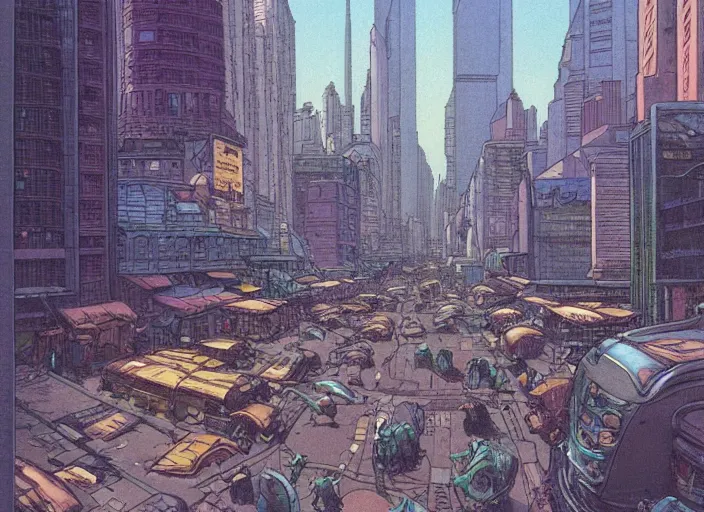 Image similar to close up view of a bustling city street on an alien planet by moebius, earth and pastel colors, dramatic perspective