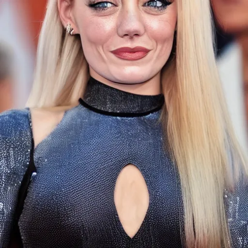 Image similar to a woman who is a genetic combination of jean claude van damme and emma stone and kaley cuoco and karen - delaney and ariana grande, body - face detail, focus on hands, arms, thighs, chest, full figure