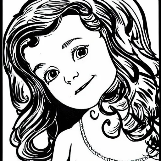 Image similar to clean simple line art of a little girl with wavy curly hair in an elegant dress. white background. well composed, clean black and white line drawing, beautiful detailed face. illustration by steve ditko and jack kirby and alphonse mucha