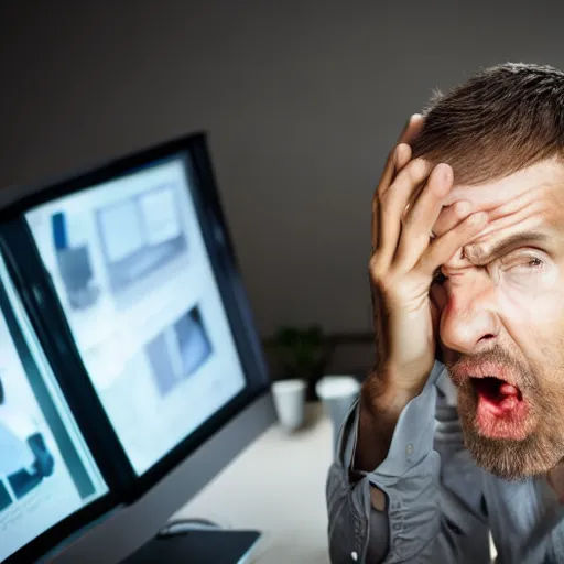 Image similar to A photo of a scared man in front of a computer, realistic, stock photo