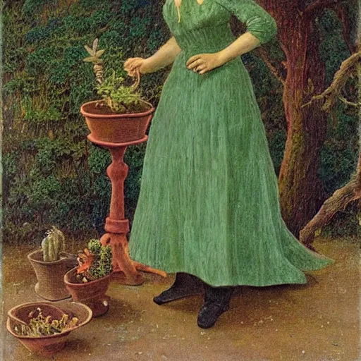 Image similar to painting by Caspar David Friedrich of a beautiful blonde woman with shoulder length hair in a forest green dress putting colorful succulents into rainbow pots at a square table