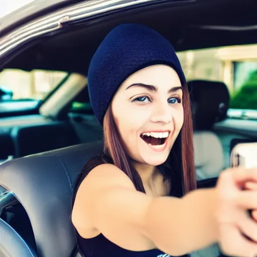 Prompt: girl sitting in convertible car wearing beanie and sleeveless shirt, selfie