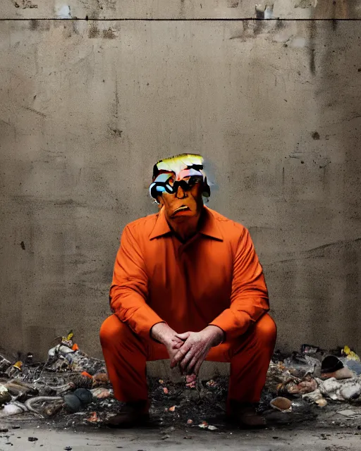 Prompt: a head and shoulders portrait of Donald trump wearing a orange jumpsuit, sitting on the floor of a filthy rat infested concrete jail, dimly lit, volumetric lighting, in jail by craig mullins and Annie Leibowitz, octane, 8k,