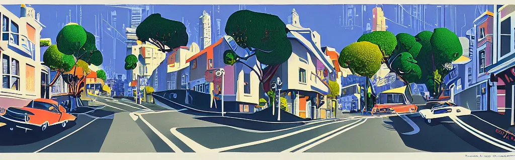 Image similar to san francisco sloped street, gouache, animated film, stylised, illustration, by eyvind earle, scott wills, genndy tartakovski, syd mead