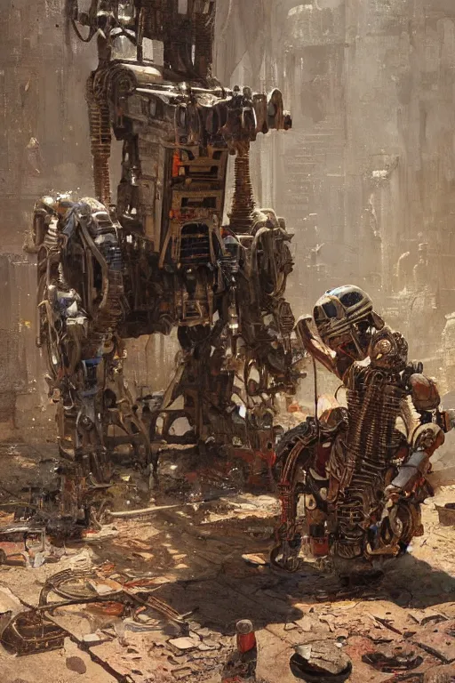 Image similar to an ancient Aztec!!! boy fixing his Aztec!! robot!, part by Craig Mullins, part by Greg Rutkowski , part by Mattias Adolfsson, volumetric lighting!!, oil on canvas