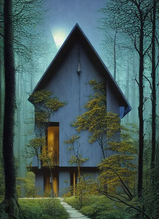 Image similar to hyper realistic witchy modern house with mood lighting and tech in the woods gorgeous lighting, blue sky, highly detailed, lush forest foliage painting by zdzisław beksinski and norman rockwell and greg rutkowski weta studio, and lucasfilm