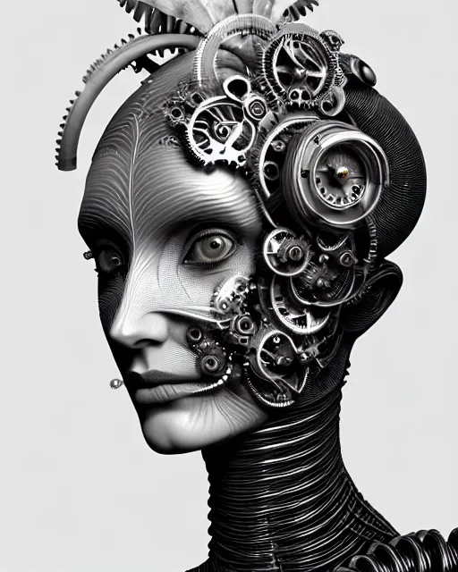 Image similar to mythical black and white organic bio-mechanical spinal ribbed profile face portrait detail of mechanical beautiful female angelic-vegetal-cyborg, highly detailed, intricate steampunk ornate, poetic, 3D render, digital art, octane render, 8K artistic photography, photo-realistic, by Dora Maar