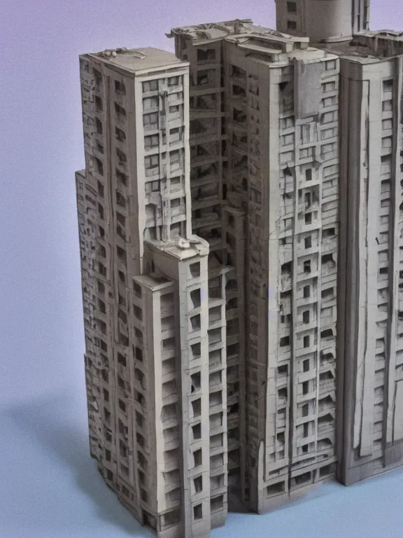 Image similar to a soviet apartment building, miniature, diorama , isometric, 3d render, studio lighting, soft light, 80mm, cheap plastic material, one object