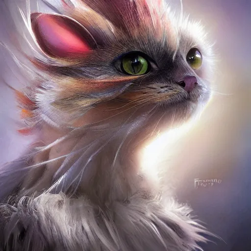 Image similar to portrait character design, a cute feathered cat, feline bird hybrid, feathers plumage, plumed by brian froud, portrait studio lighting by jessica rossier and brian froud