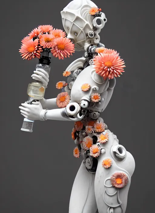 Prompt: biomechanical marble statue with porcelain skin coral and daisies carrying a bottle of perfume, up close shot, sharp focus, global illumination, radiant light, alexandre ferra white mecha, irakli nadar, octane highly render, 4 k, ultra hd,