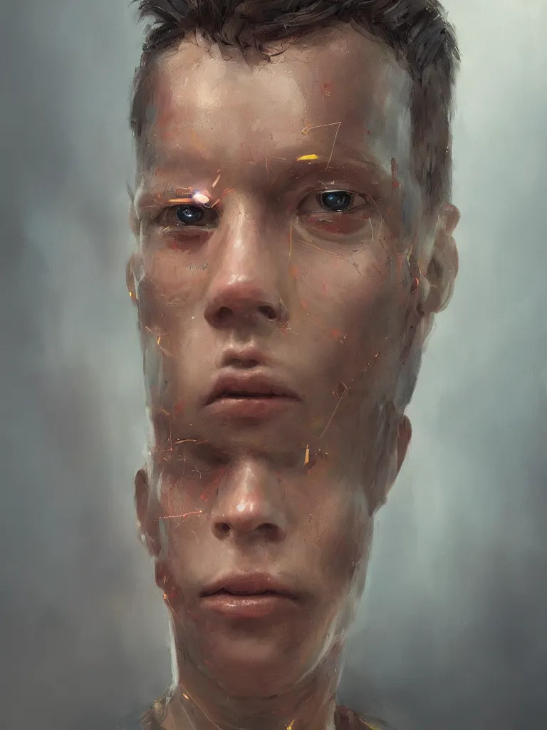 Prompt: a portrait of a boy, half human half machine in a painting from stalenhag, 4 k, 8 k, hdr, artstation, concept art