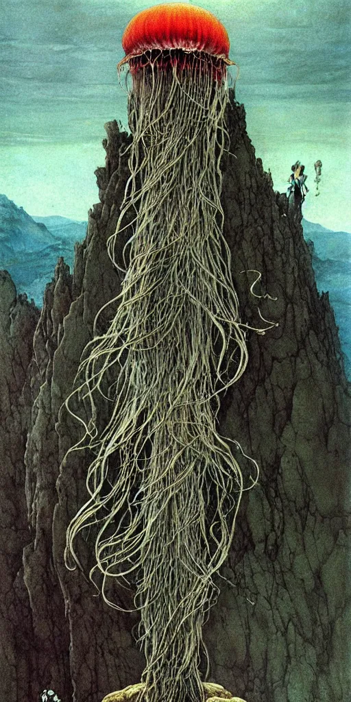 Prompt: A detailed jellyfish god stands among the mountains. Wearing a ripped mantle, robe. Perfect face, colossal scale, extremely high details, realistic, fantasy art, solo, masterpiece, art by Zdzisław Beksiński, Arthur Rackham, Dariusz Zawadzki