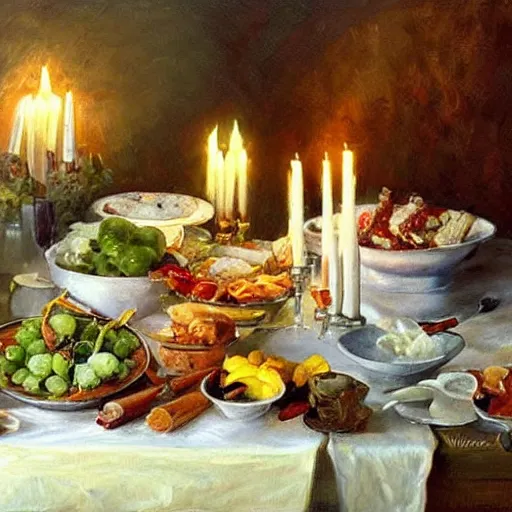 Image similar to a table full of traditional Swedish food, candles, wine, schnapps, pork, cheese, painting by Vladimir Volegov