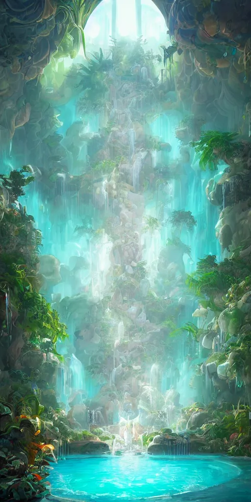 Image similar to detailed interior of a vaporwave pool, waterfall walls, palm vegetation, light shafts, the glowing throne, stunning atmosphere, in style of peter mohrbacher, cinematic lighting