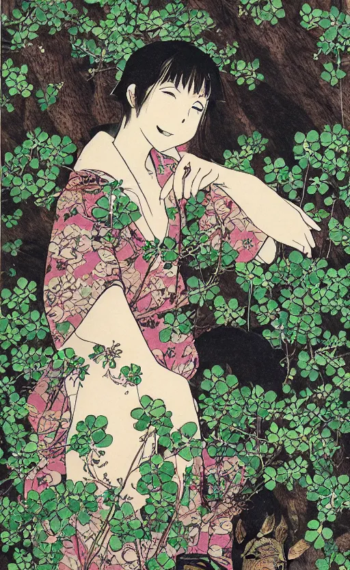 Prompt: by akio watanabe, manga art, girl next to a boar in the forest and clovers, trading card front, kimono, realistic anatomy