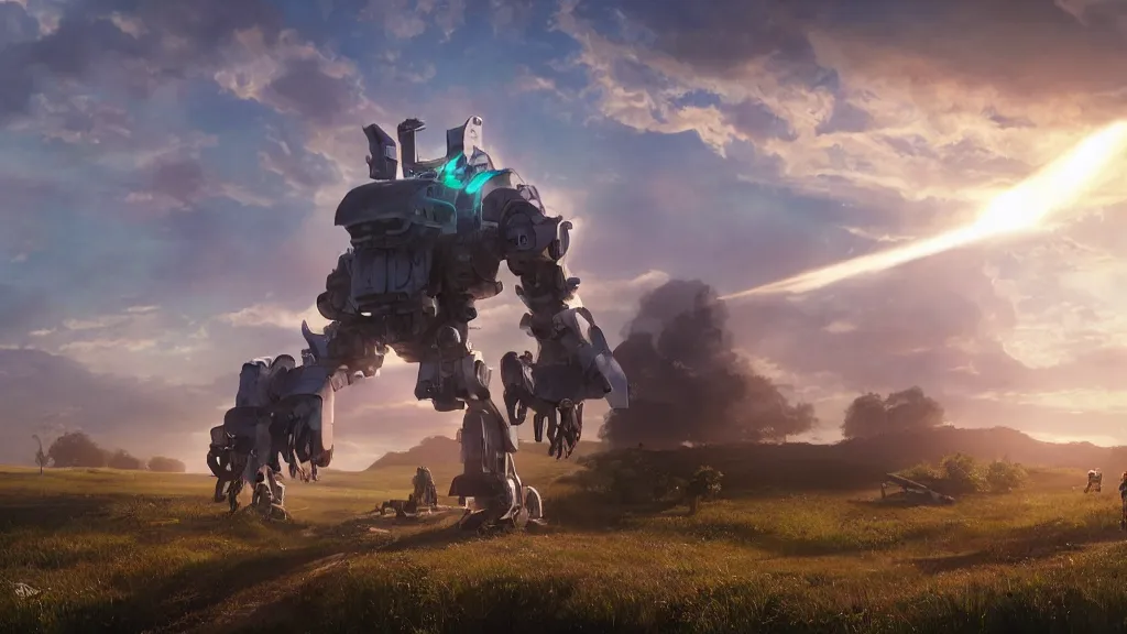 Image similar to Amazing photorealistic digital concept art of a large bipedal guardian robot in a rural setting by a barn, by James Clyne and Joseph Cross. Cinematic. LED lighting. A bright billowing explosion in the distance. Wide angle. Clean lines. Balanced composition.