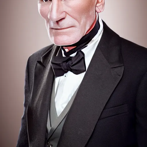 Image similar to older fantasy butler that looks similar to michael kane and patrick stewart, full body portrait, handsome, 4 k, detailed, photo realistic, balding, well dressed, pet rat on shoulder