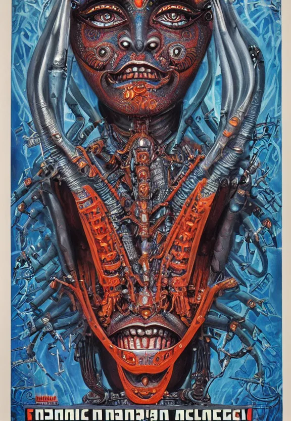 Image similar to biomechanical alien robot goddess kali, female, intense stare, sarcastic smile, symmetrical, concept art, intricate detail, volumetric shadows and lighting, realistic oil painting, 1 9 7 0 psychedelic soviet poster,