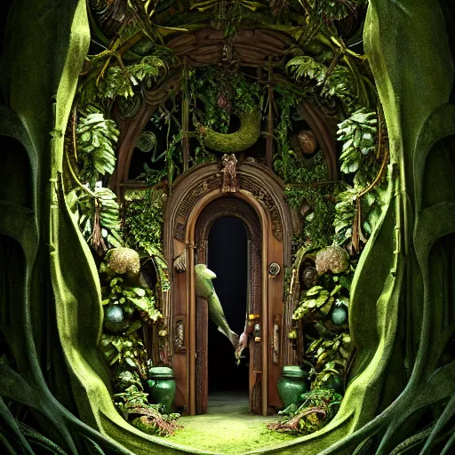 Prompt: doorway to a creature in a lush trunda vegetation, snow snow :: by Michal Karcz, Daniel Merriam, Victo Ngai and Guillermo del toro :: ornate, dynamic, particulate, intricate, elegant, highly detailed, centered, artstation, smooth, sharp focus, octane render, 3d