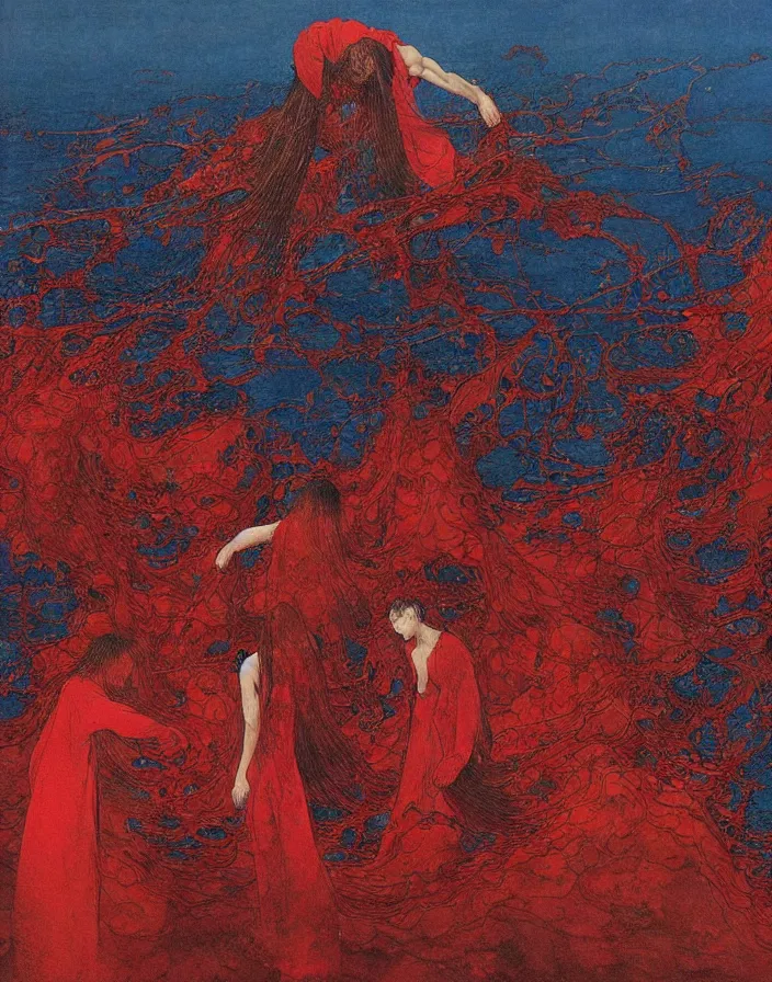 Prompt: worshippers in red robes wading through waves, high detailed beksinski painting, part by adrian ghenie and gerhard richter. art by takato yamamoto. masterpiece, deep colours, blue