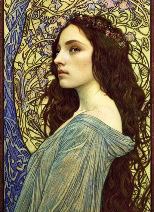 Image similar to detailed realistic beautiful young medieval queen face portrait by jean delville, alphonse mucha, vincent van gogh, and marco mazzoni, art nouveau, symbolist, visionary, gothic, pre - raphaelite