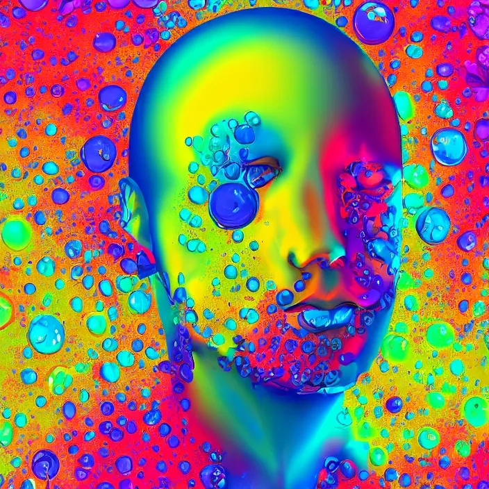 Prompt: illustration of a colorful melting human head. acrylic bubbles and flowers, ferrofluids, water distortions. intricate abstract. intricate artwork. beeple