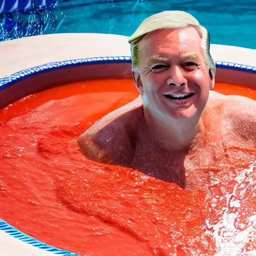 Prompt: professional photograph of Donald Trump swimming in a pool full of tomato soup, 8k, dslr, cinematic,