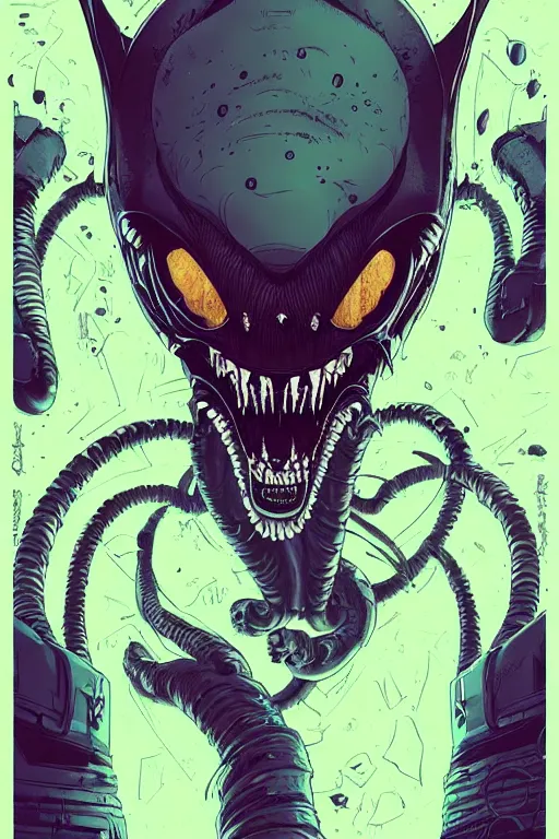 Prompt: a study of cell shaded portrait of a cat xenomorph, llustration, post grunge, evil vibe, concept art by josan gonzales and wlop, by james jean, Victo ngai, David Rubín, Mike Mignola, Laurie Greasley, highly detailed, sharp focus, alien, Trending on Artstation, HQ, deviantart, art by artgem
