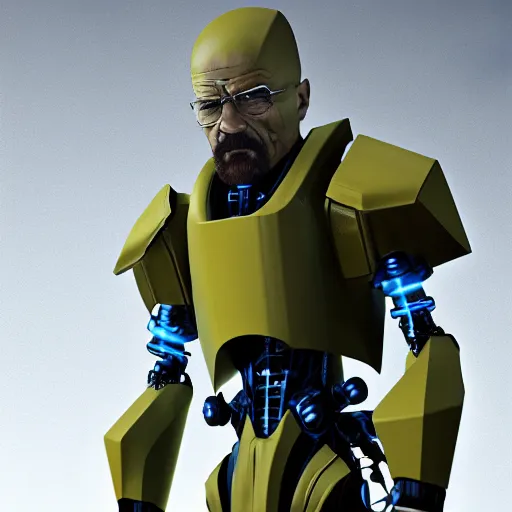 Image similar to Walter White in cybernetic battle armour with weapons, 4k octane render, highly detailed, concept art