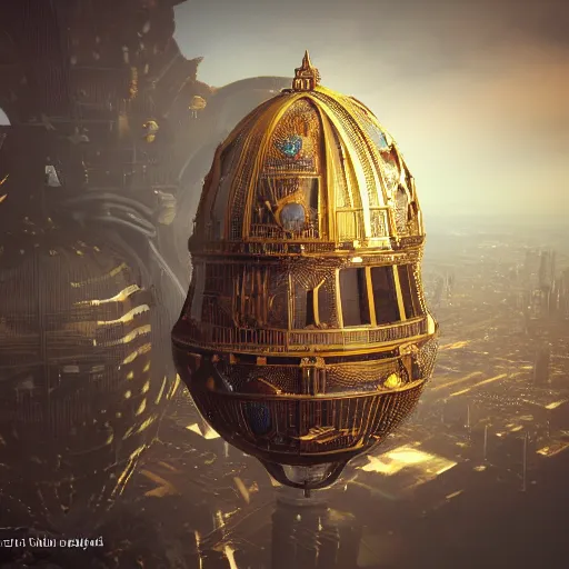 Image similar to enormous flying city in a faberge egg, sky, steampunk, fantasy art, masterpiece, hugh ferriss, octane render