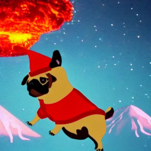 Image similar to a pug in a christmas costume flying a plane into an erupting volcano