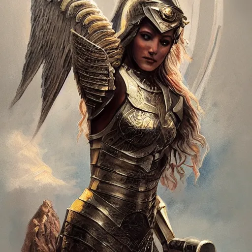 Prompt: valkyrie angel, correct female anatomy, low cut light armor, extremely detailed oil painting, highly detailed, abstract, 1 9 2 0's colored pencil art style, deep aesthetic, 8 k, highly ornate intricate details, cinematic lighting, rich colors, digital artwork, beautiful scenic view, ray tracing, hyperrealistic, photorealistic, cinematic landscape, trending on artstation, concept art,