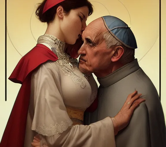 Image similar to photography of a pope kissing the breast of a sensual woman, deep focus, intricate, elegant, highly detailed, digital painting, artstation, concept art, matte, sharp focus, illustration, art by artgerm and greg rutkowski and alphonse mucha