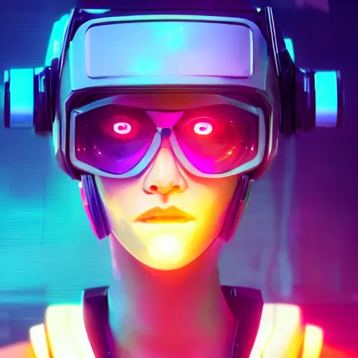 Prompt: cyberpunk concept cool girl cyborg bot, cinema 4 d, galaxy, ufo, space sci - fi, wearing vr goggles, illustration, portrait, pastel neon textured background night, trending on artstation, greg rutkowski, octane rendered, 1 2 k, detailed,