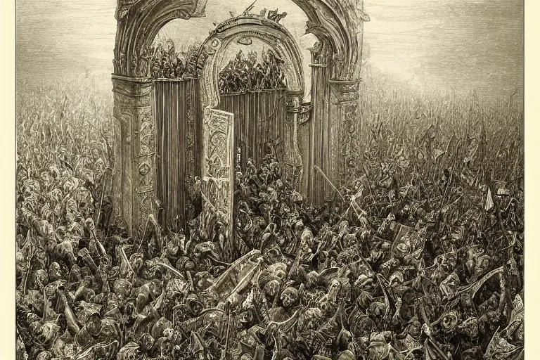 Image similar to highly detailed painting of the gate - in the shape of a book, don quixote runs out, symmetrical, masterpiece, highly detailed painting by gustave dore