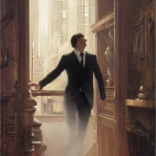 Image similar to detailed cinematic wide shot of sucession atractive man black hair black suit smooth, sharp focus, ultra realistic, in corporate office spring light, painting by gaston bussiere, craig mullins, j. c. leyendecker