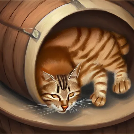 Prompt: tabby cat sleeping on a barrel, highly detailed, digital painting, artstation, concept art, smooth, sharp focus, illustration, ArtStation