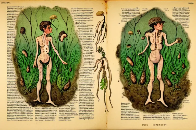 Image similar to a page from an old botany book of a woman with mushrooms sprouting all over her skin who looks distressed. in the style of franz kafka the metamorphosis. trending on artstation.