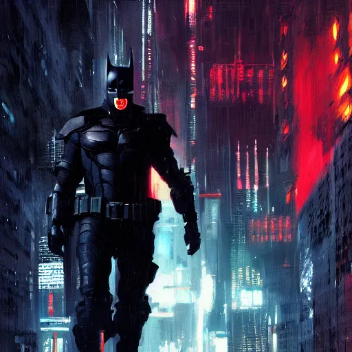 Image similar to cyberpunk batman with fullface mask, red bat, full shot, moody, futuristic, city background, brush strokes, oil painting, greg rutkowski