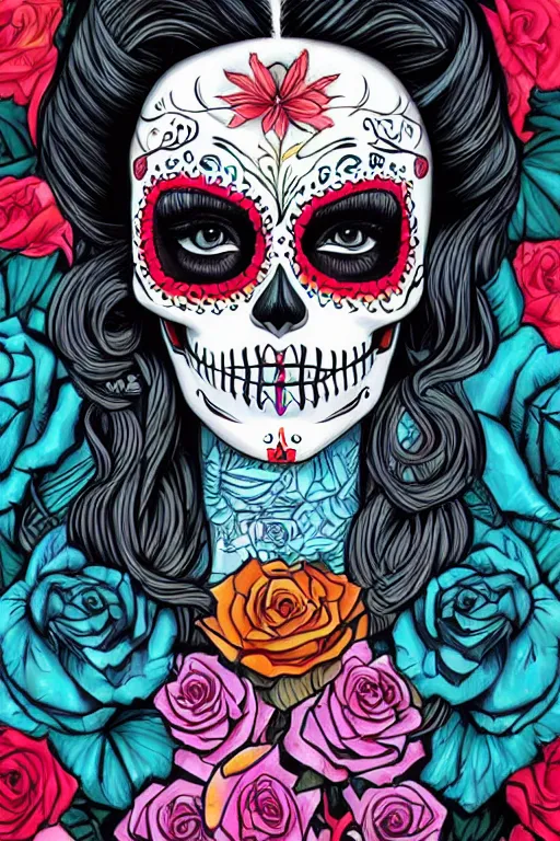 Prompt: Illustration of a sugar skull day of the dead girl, art by James Jean