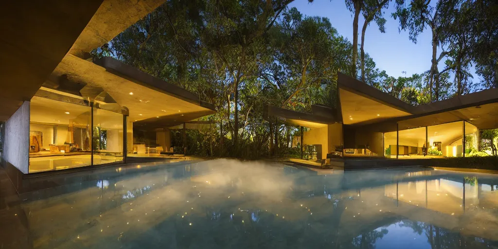 Prompt: Architectural photography of beautiful nature meets architecture concept of a residential house by Luis Barragán, in a tropical forest, volumetric lighting,, luxury, high detail, 14mm, cinematic photography, archdaily, hgh resolution